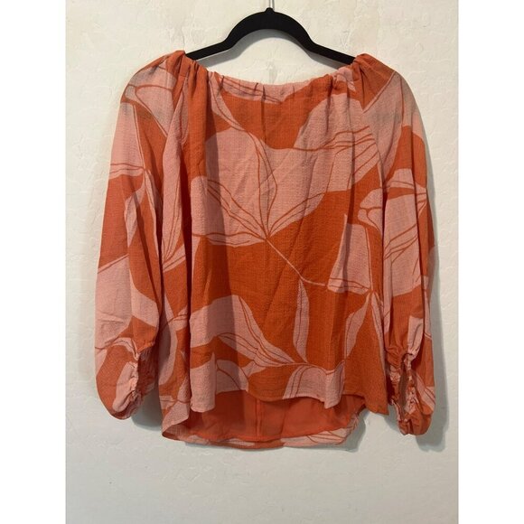 NWT A New Day Sz L Orange Floral Print Balloon Sleeves Lined Tie Back Blouse - Picture 1 of 9